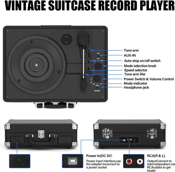 DIGITNOW!Three Speeds Turntable Retro Record Player with Built-in Stereo Speakers, Supports USB, RCA Output , Headphone Jack , MP3 , Mobile Phones Music Playback,Suitcase Design