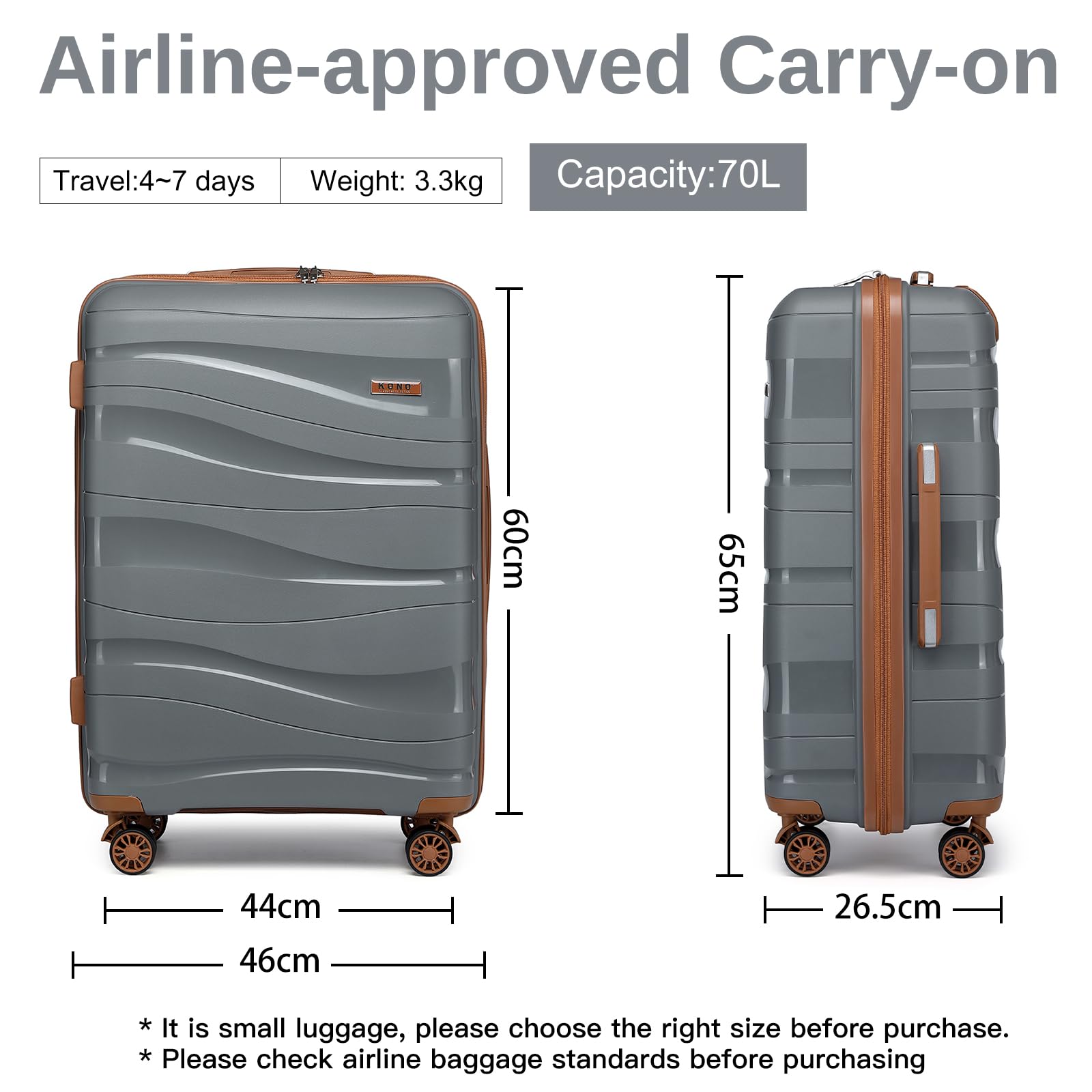 Kono Luggage Sets of 2 Piece Lightweight Polypropylene Hard Shell Suitcase with TSA Lock Spinner Wheels Travel Carry On Hand Cabin Luggage with Beauty Case (Set of 2, Black)