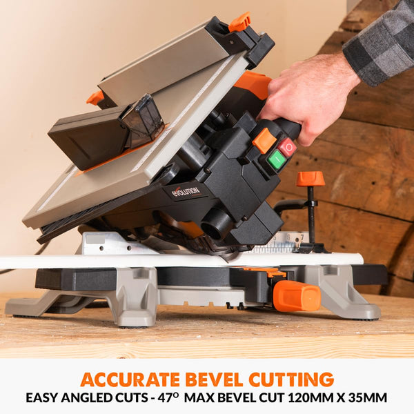 Evolution Power Tools R210CMS Compound Miter Saw Multi-Material Cutting TCT Blade Included Cuts Wood Metal Plastic & More, 45° - 45° Degree Miter & 45˚ Degree Bevel Angles, 1200W, 210mm