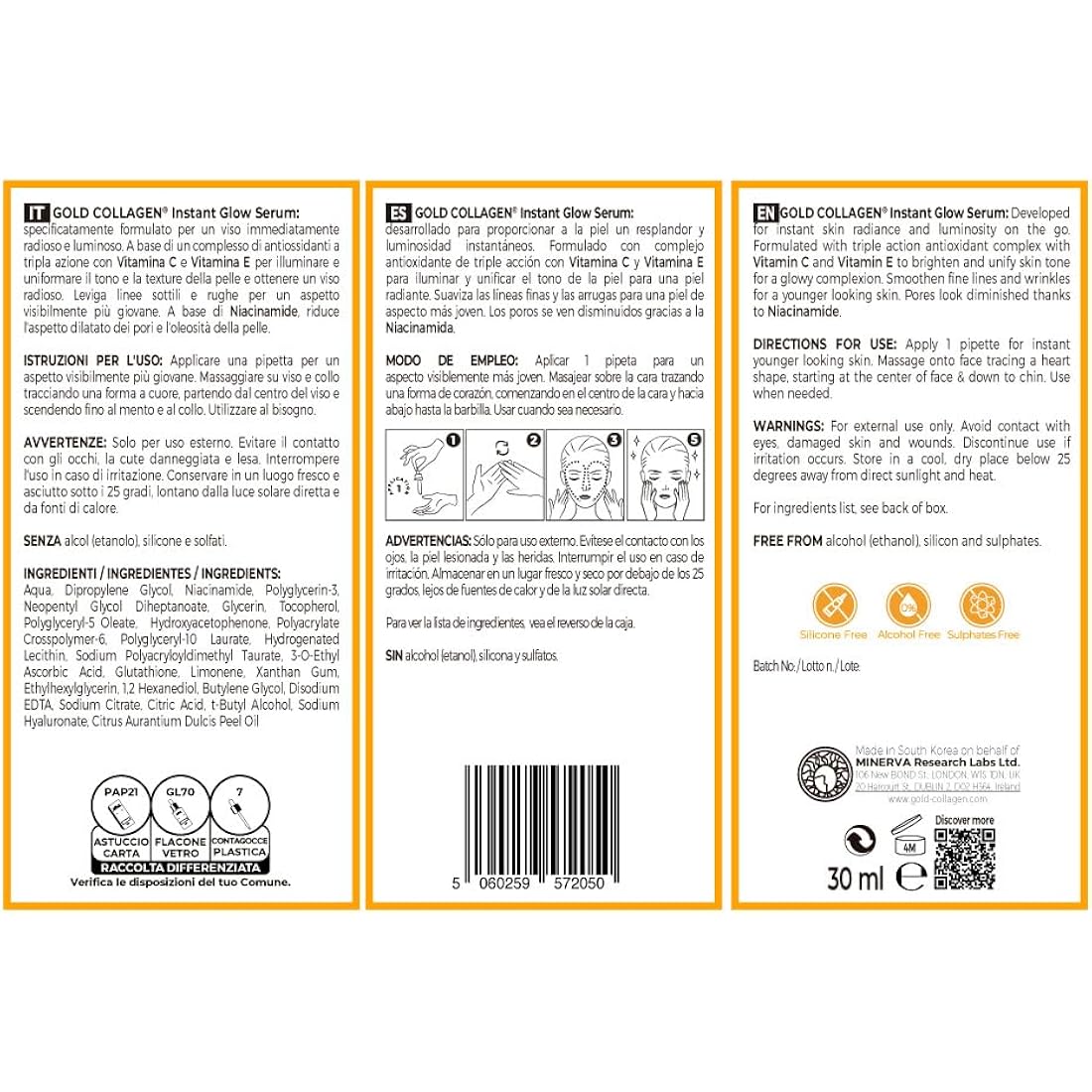 GOLD COLLAGEN Instant Glow - Vitamin C, Vitamin E, Glycerine & Niacinamide Serum Pore Minimizer & Moisturiser Skincare, Anti Aging Face Serum Against Wrinkles, Triple Antioxidant Action Skin Care 30ml