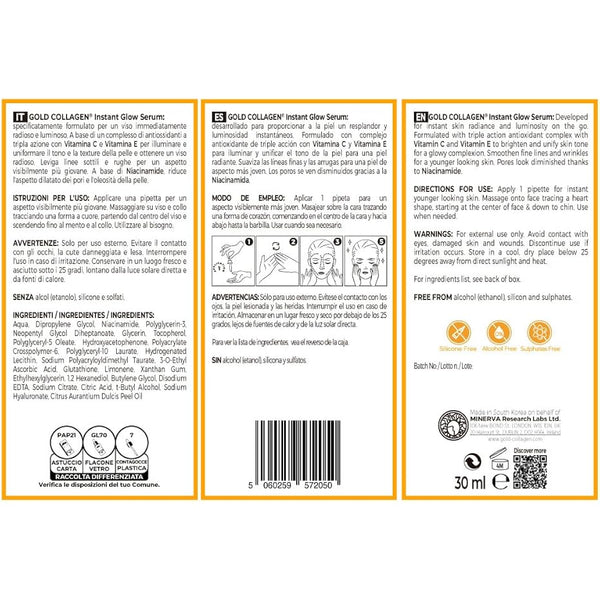 GOLD COLLAGEN Instant Glow - Vitamin C, Vitamin E, Glycerine & Niacinamide Serum Pore Minimizer & Moisturiser Skincare, Anti Aging Face Serum Against Wrinkles, Triple Antioxidant Action Skin Care 30ml