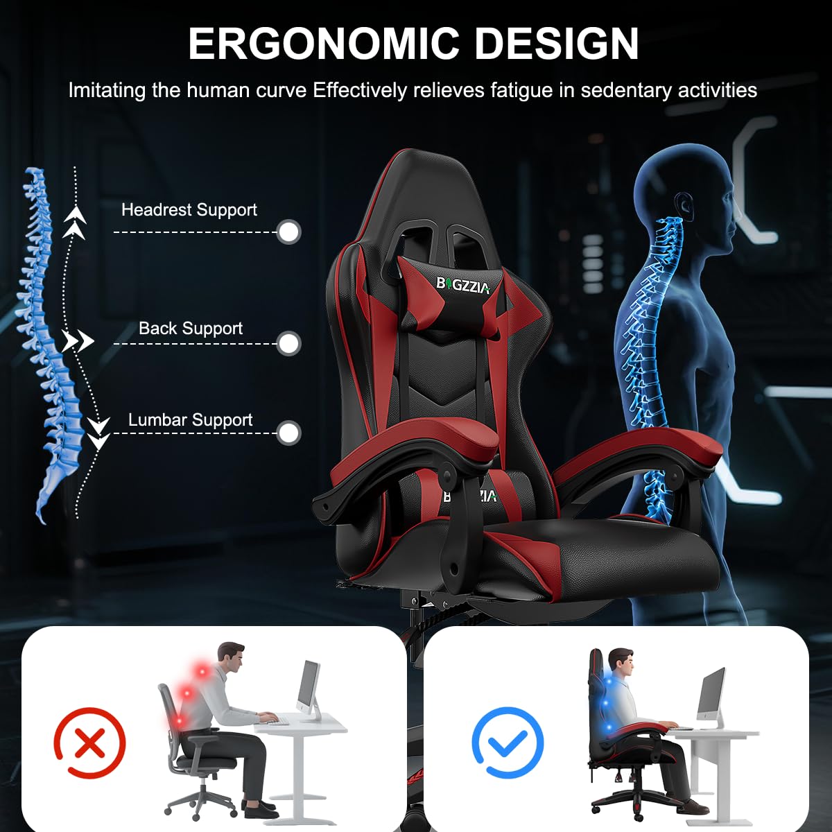 bigzzia Ergonomic Gaming Chair - Gamer Chairs with Lumbar Cushion + Headrest, Height-Adjustable Office & Computer Chair for Adults (without footrest, White)