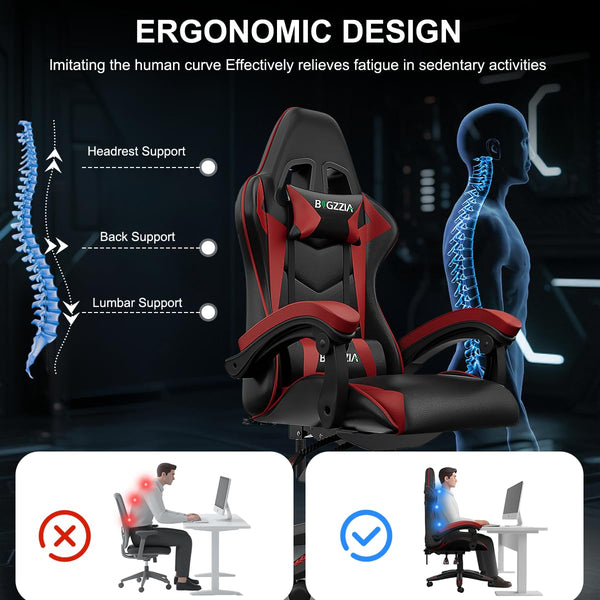 bigzzia Ergonomic Gaming Chair - Gamer Chairs with Lumbar Cushion + Headrest, Height-Adjustable Office & Computer Chair for Adults (without footrest, White)