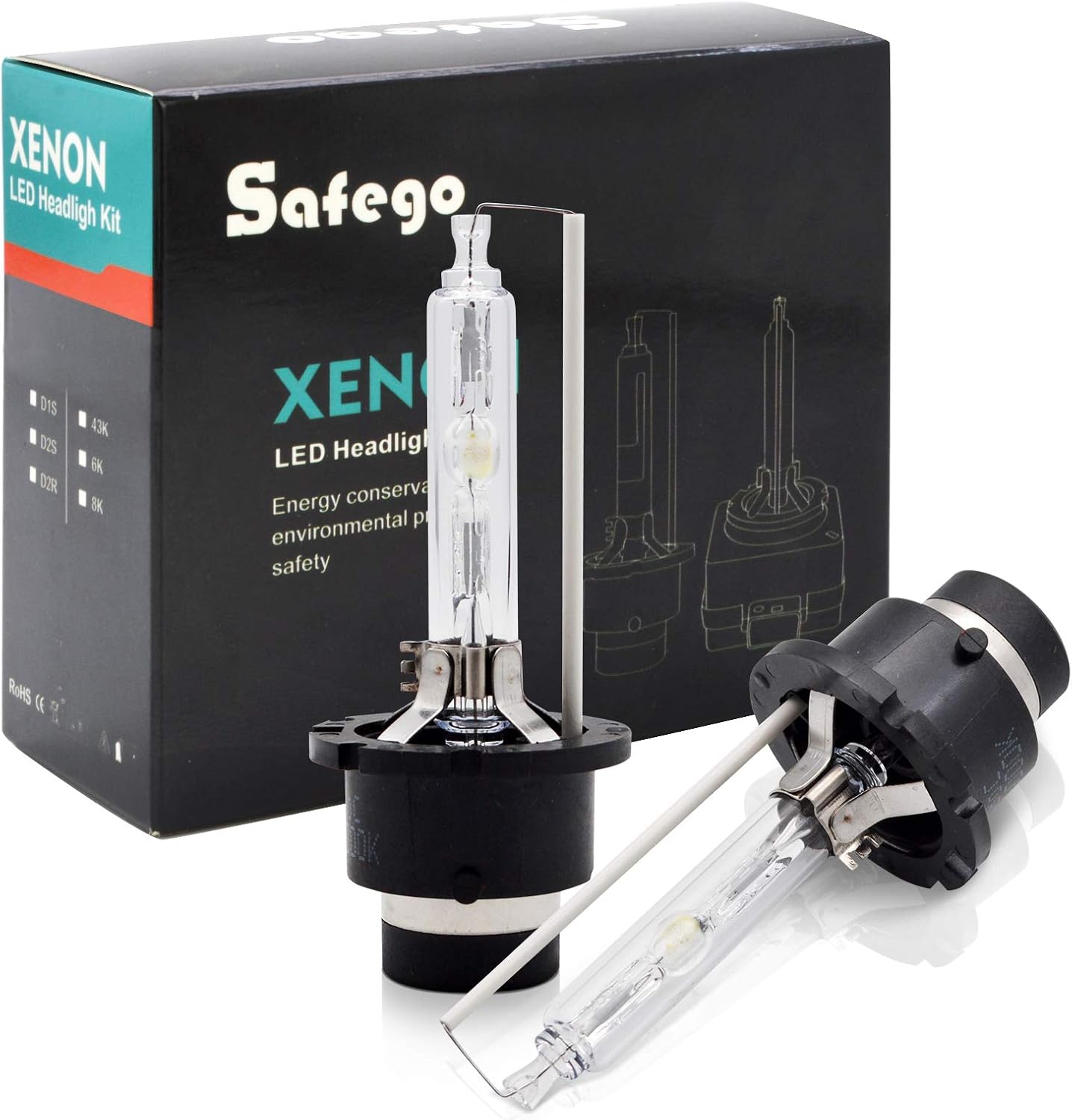 Safego D1S Xenon Bulb 35W 8000K HID Headlight Super Bright Discharge Lamp Replace HID Kit 12V Car Bulbs Ice Blue LED Exterior Headlamp Bulbs, Pack of 2