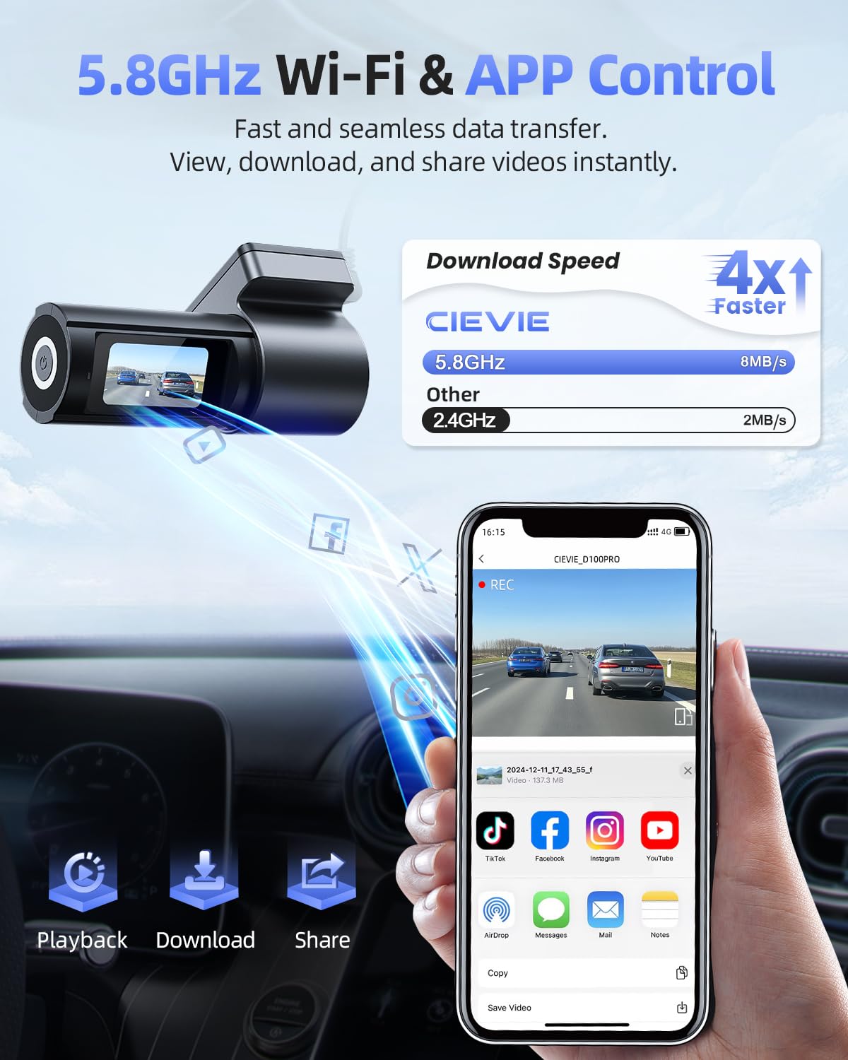 Dash Cam Front and Rear, 4K Dashcam with 64GB SD Card, 1.5'' IPS Display Dual Car Camera with 5GHz Wi-Fi, 24/7 Parking Mode, G-Sensor, Night Vision, 170° Wide Angle, Loop Recording, App Control