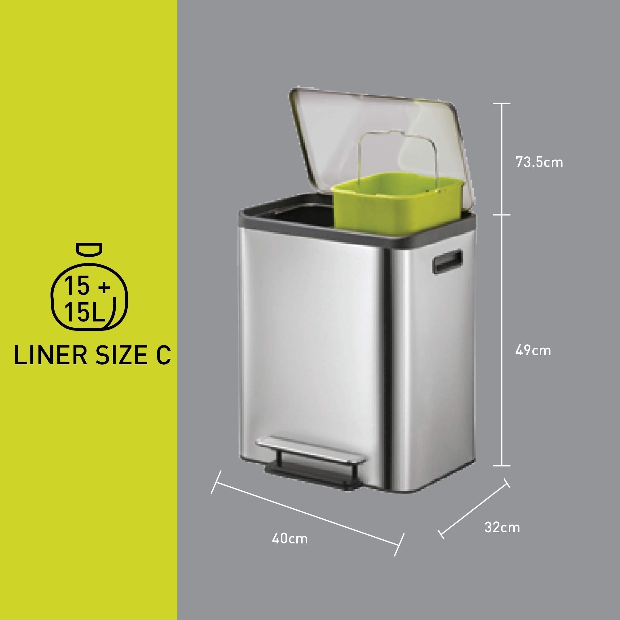 EKO Ecocasa Recycling Kitchen Bin 15+15Litre, Pedal Rubbish Bin with Two Removable Inner Buckets, Perfect for Kitchen & Home, Stainless Steel