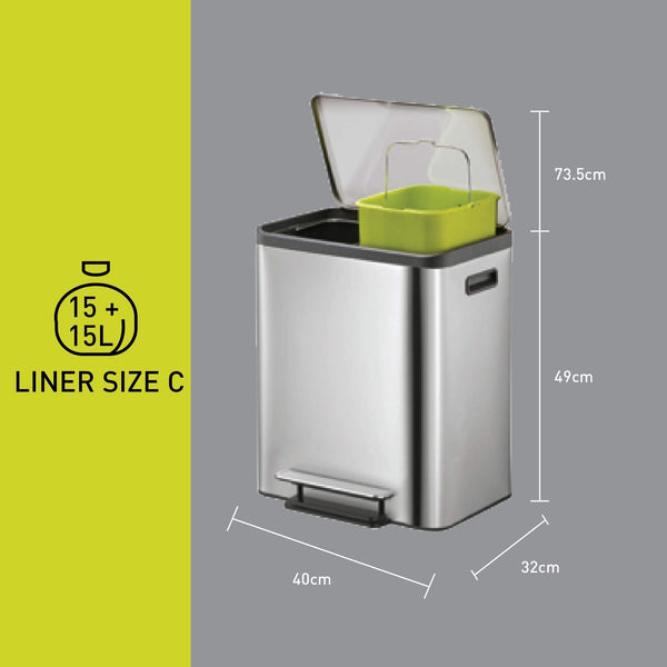 EKO Ecocasa Recycling Kitchen Bin 15+15Litre, Pedal Rubbish Bin with Two Removable Inner Buckets, Perfect for Kitchen & Home, Stainless Steel