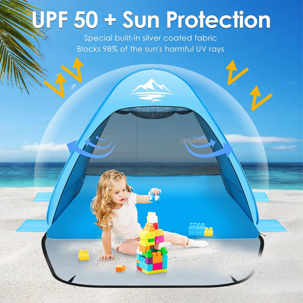 Pop Up Beach Tent,Automatic Portable Sun Shelter Fit 2-3 Person,UPF 50+ UV Sun Protection Beach Shade Baby Canopy Cabana Air-Ventilating Waterproof for Family Beach Park Camping Picnic with Carry Bag