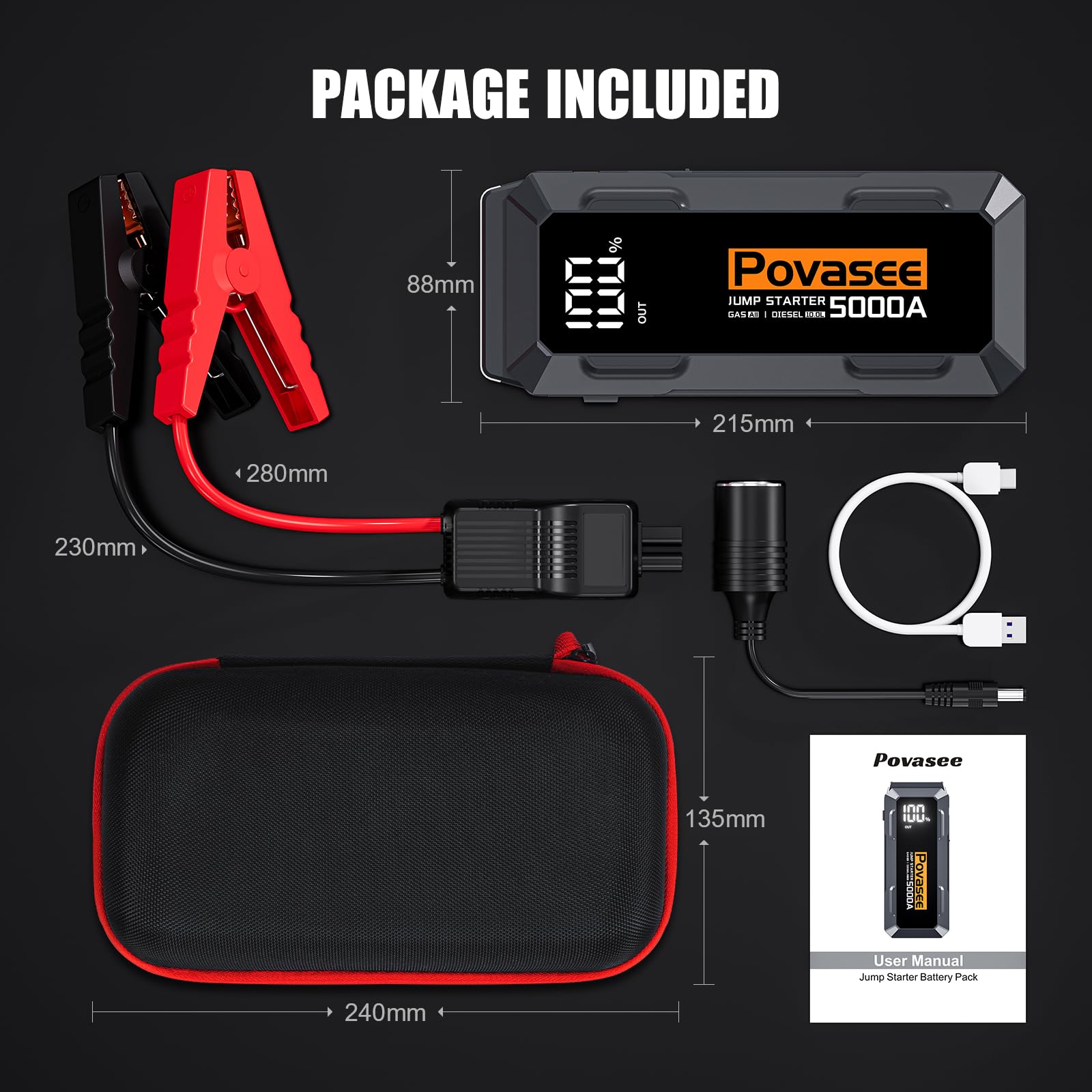 Povasee Jump Starter Power Pack, 3000A Car Battery Booster Jump Starter for 12V Vehicle, Car Jump Starter Power Bank with LED, 2 Quick Charge USB Outputs, Jump Pack with Jump Leads (10L Gas/8L Diesel)