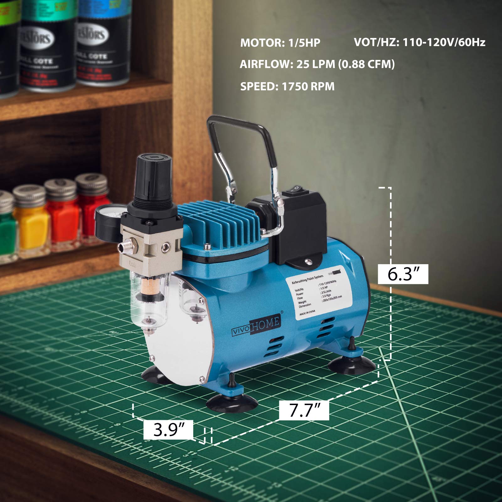 VIVOHOME Professional Airbrushing Paint System with 1/5 HP Air Compressor and 3 Paint Sprayers for Tattoo Makeup Shoes Cake Decoration Blue