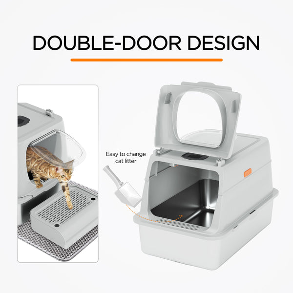 Citylife XL Stainless Steel Cat Litter Box with Lid, Extra Large Enclosed Removable Metal Litter Tray with Litter Scoop&Double Layer Litter Mat, Non-Sticky, Non-Odor, Easy Cleaning, for Big Cats