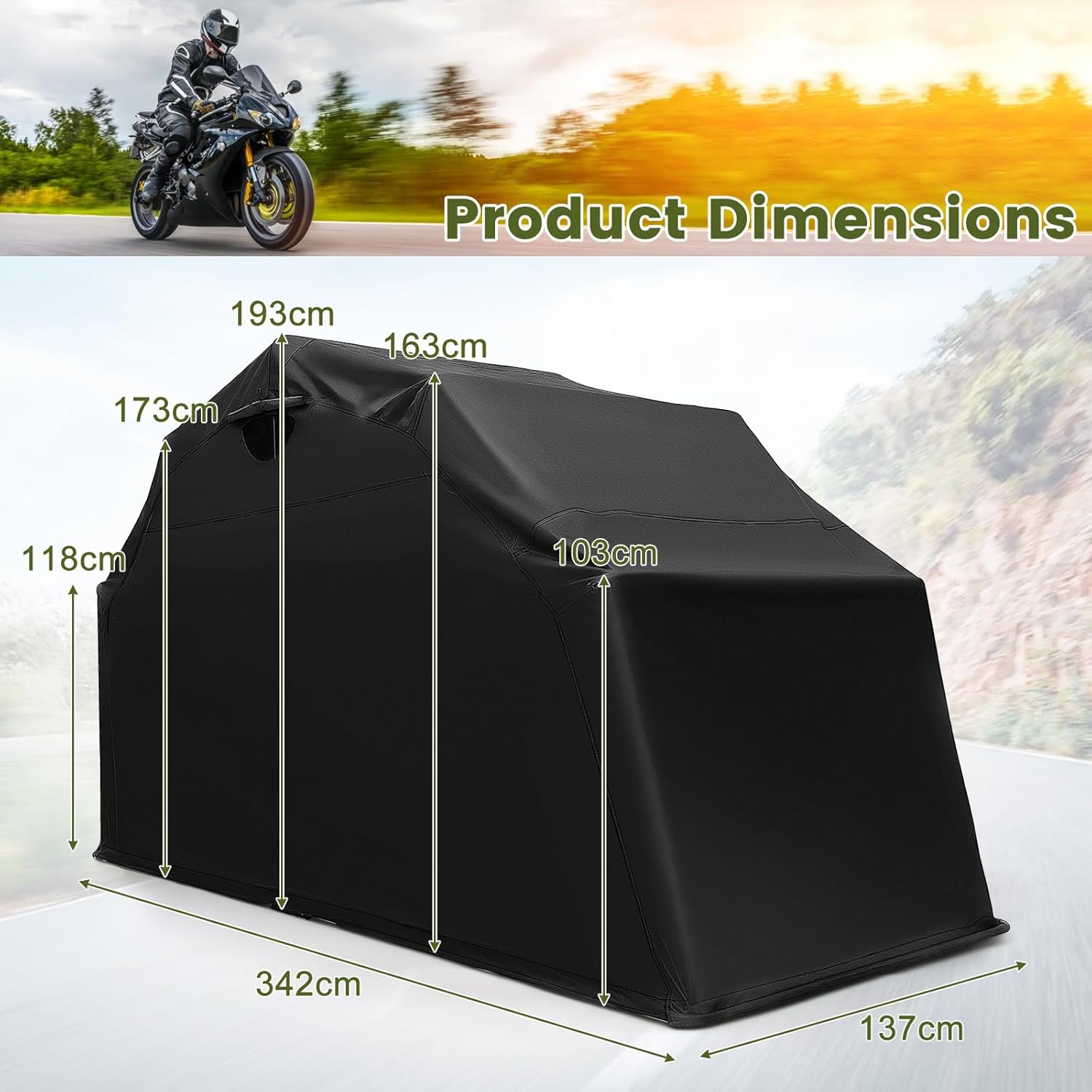 COSTWAY Large Motorcycle Tent, 342 x 137 x 193cm 600D Oxford Waterproof Motorbike Cover Shelter with Roll-up Mesh Windows & 8 Expansion Bolts, Folding Motorcycle Storage Shed