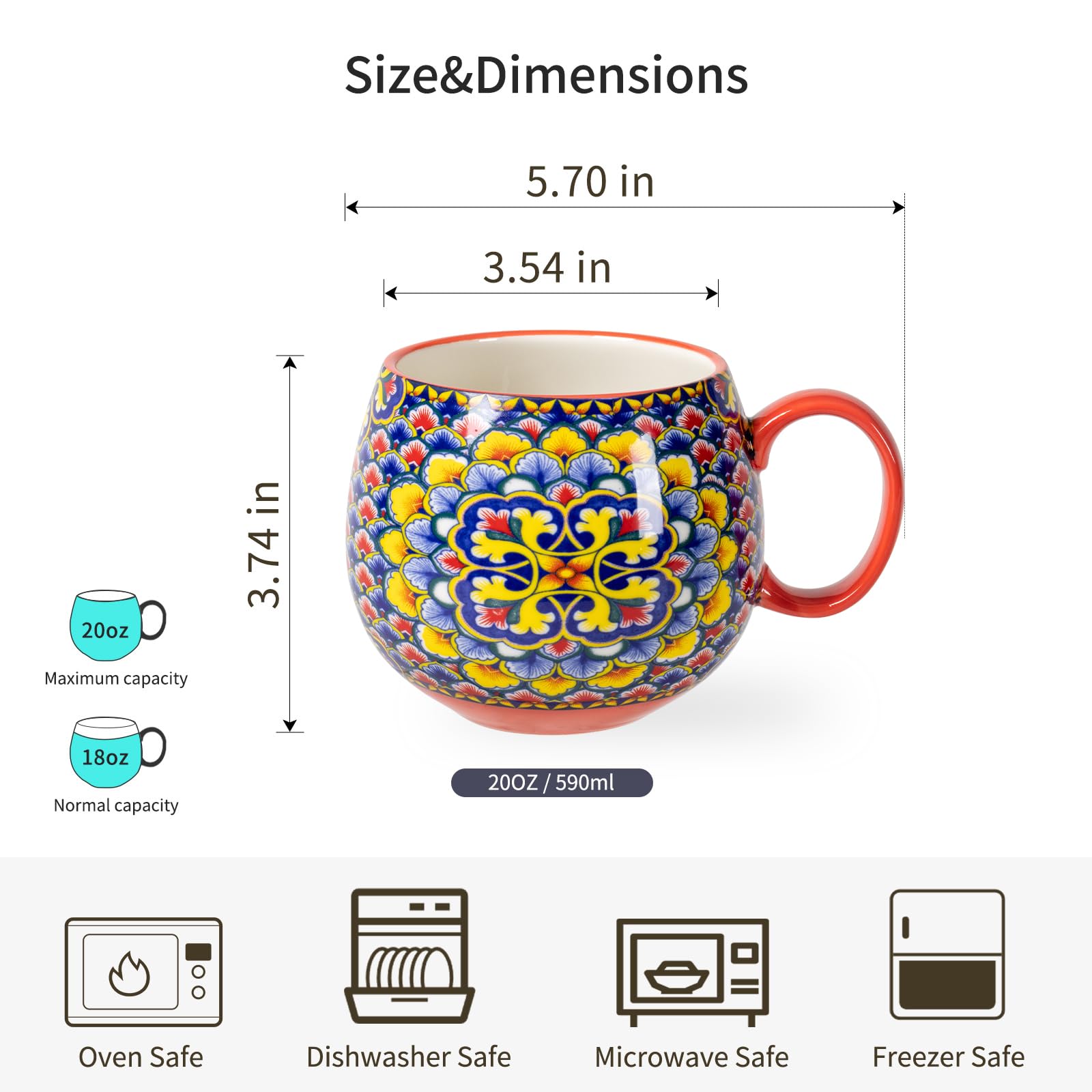 HENXFEN LEAD Cappuccino Cups Set, 600ml Porcelain Coffee Cups with Handle, 6 Pack of Porcelain Cups for Tea Coffee Milk Cappuccino with Pattern and