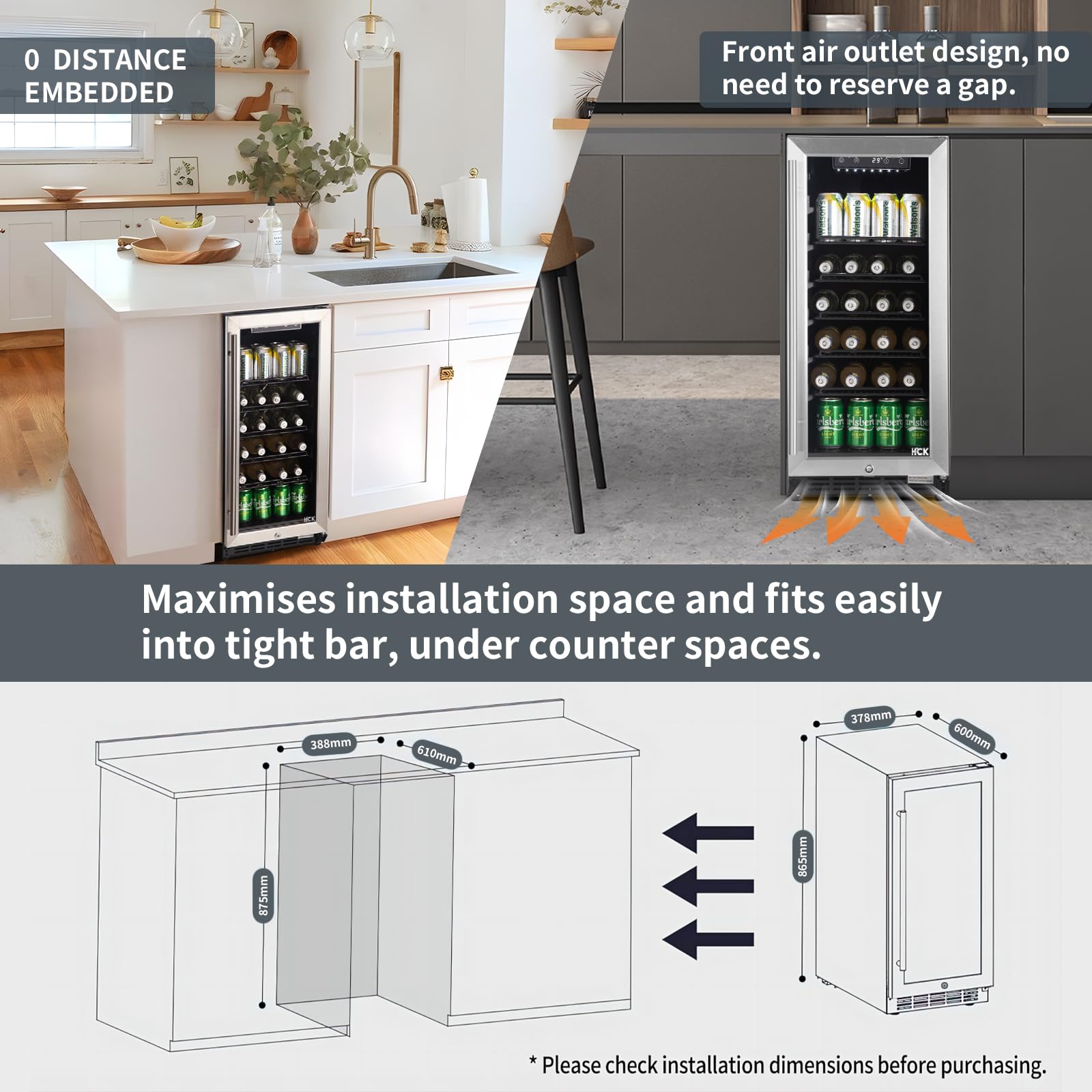 HCK 48L Mini Fridge with Glass Door, 0-15°C Cooling Zone and 2 Shelves, Compact Beverage Refrigerator Cooler for Bar and Living Room