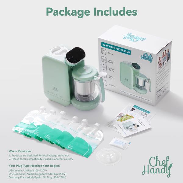 Chefhandy Baby Food Maker, 5 in 1 Baby Food Processor with Stainless Steel Steam Basket, Food Puree Maker with Steamer, Blender, Bottle Warmer Function, Auto Cooking & Grinding, Touchscreen (Green)