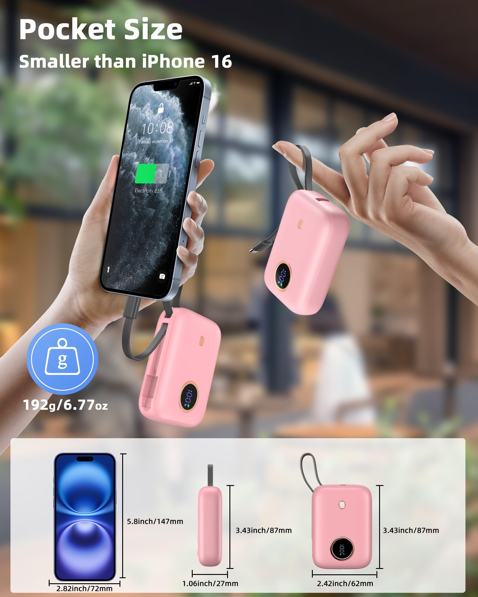 Power Bank Fast Charging 10000 mAh, 22.5W PD QC3.0 High-Speed Portable Charger, PowerBank With Built In Cable USB C, Pocket-Sized Battery Pack for iPhone 16/15, Samsung S23/S24 and More (Jet Black)