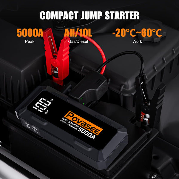 Povasee Jump Starter Power Pack, 2000A Car Battery Booster Jump Starter (up to 8L Gas or 6.5L Diesel) with 3" LCD Display, Car Starter with 2 USB Ports, Jump Leads and LED, Jump Pack for 12V Vehicles