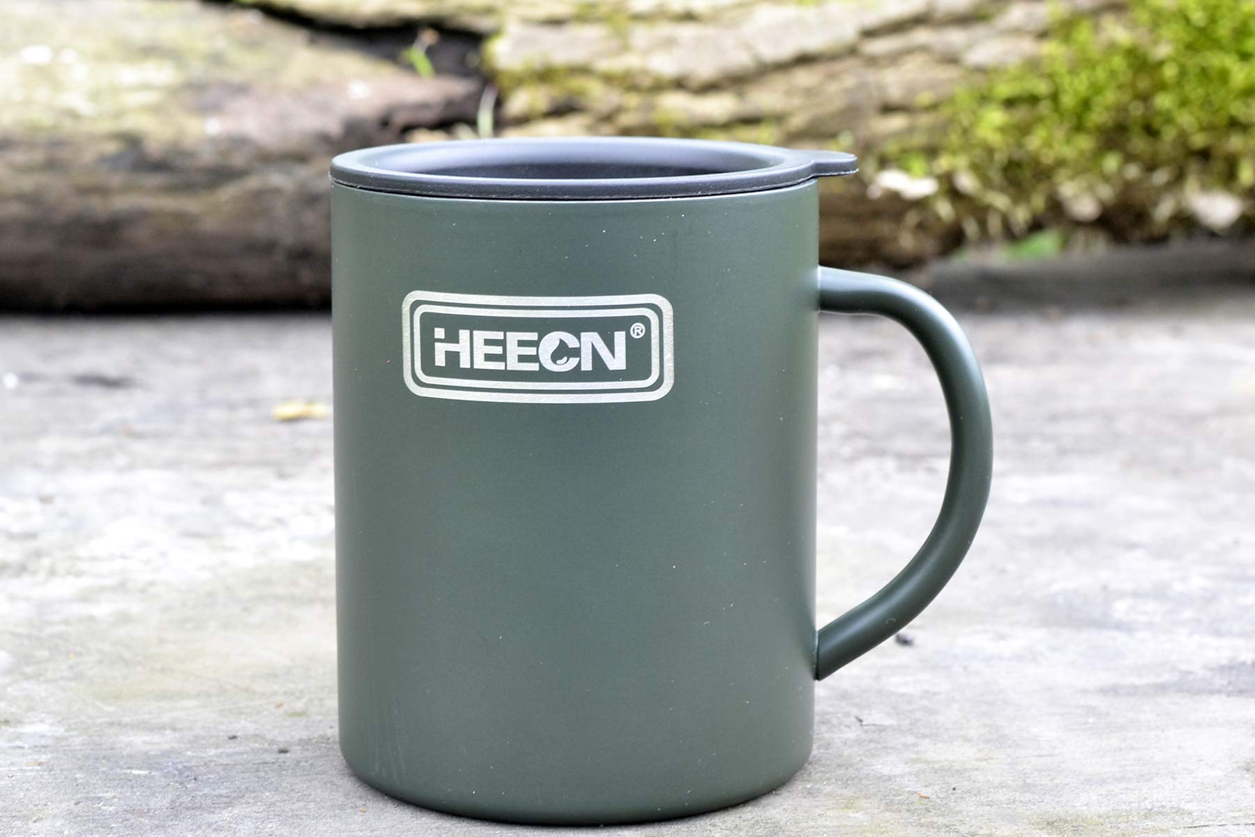 HEECN Camping Mugs - Double Walled Stainless Steel Mug for Hot Drinks with Lid - Army Green - Backpacking – Trekking – Hiking - HESS-038BG (10oz with Rotating lid)