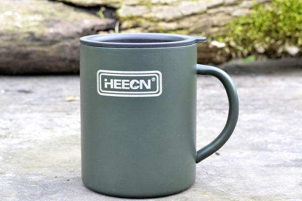 HEECN Camping Mugs - Double Walled Stainless Steel Mug for Hot Drinks with Lid - Army Green - Backpacking – Trekking – Hiking - HESS-038BG (10oz with Rotating lid)
