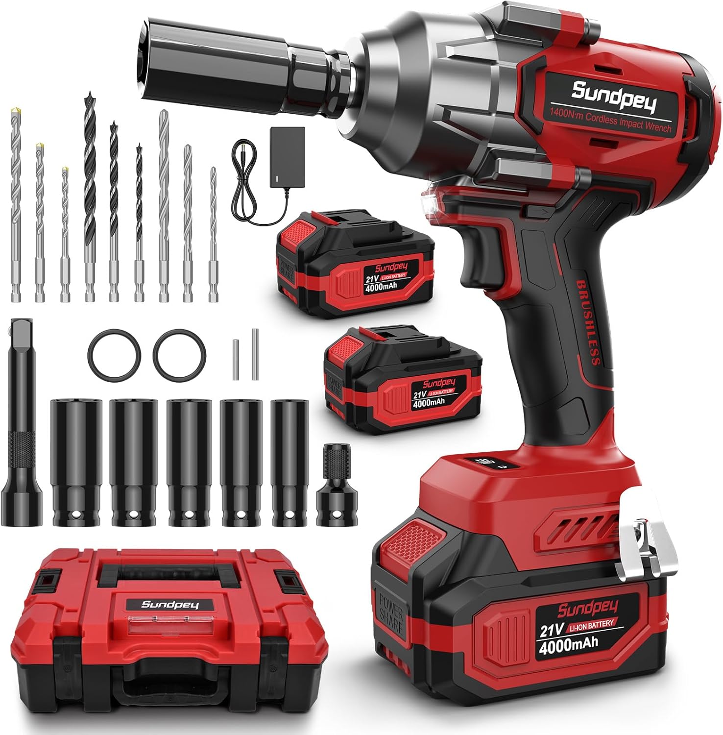 Sundpey 1400Nm Cordless Impact Wrench - 1/2-inch High Torque Impact Gun with 2 × 4.0Ah Battery - 2600RPM Power Impact Gun with 5 Sockets & 9 Drill Bits & 1/2" Hexagonal Adapter for Car Truck Home DIY