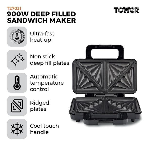 Tower T27032 3-in-1 Deep Filled Snack Maker with Non-Stick Coated Plate and Automatic Temperature Control, 900W, Stainless Steel