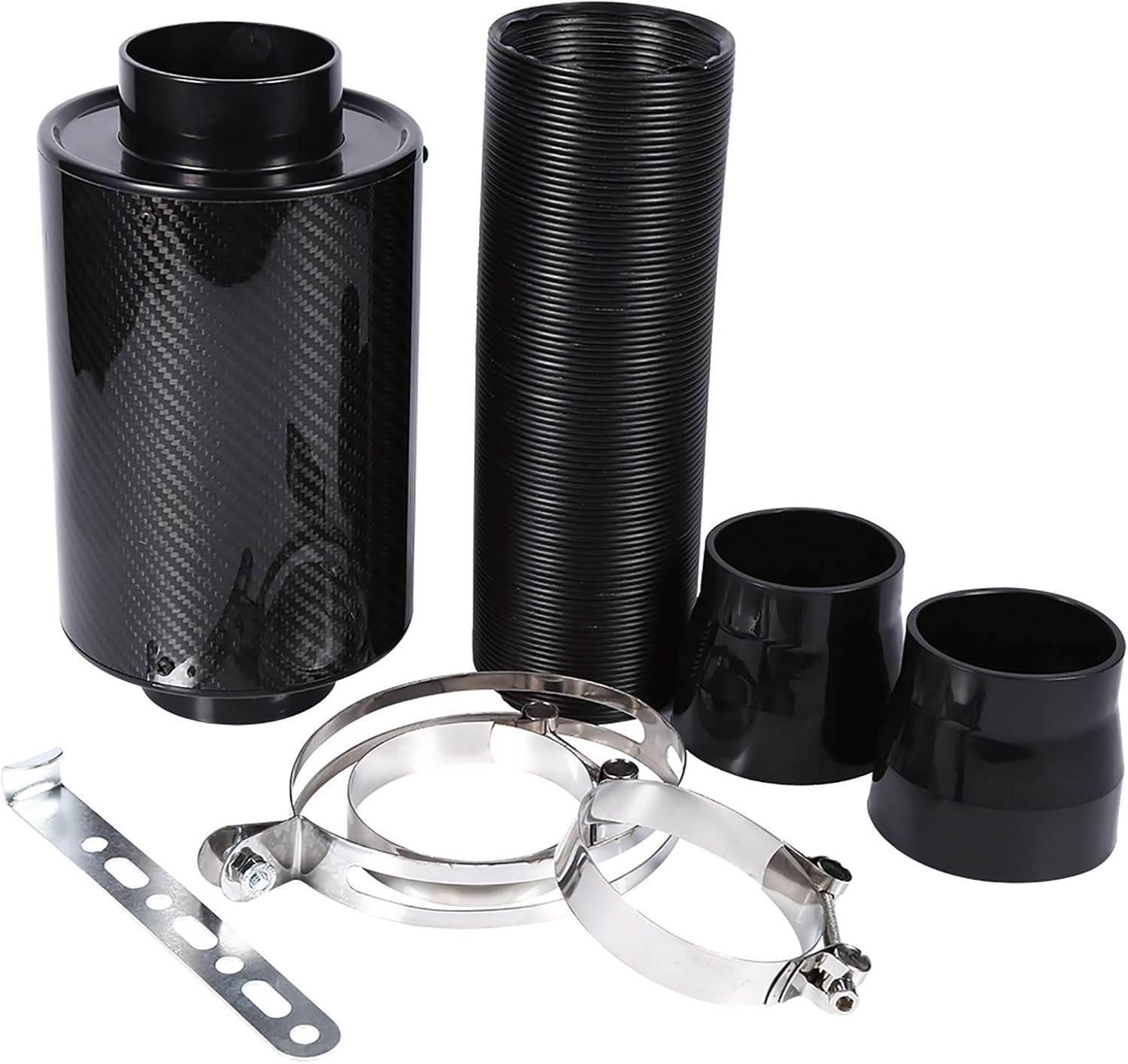 Universal Car Carbon Fibre Cold Air Filter Feed Enclosed Intake Induction Kit Reduce Engine Deposit, Washable Filter Cartridge, Flexible Cold Air Feed Hose, Fit for 63mm-76mm