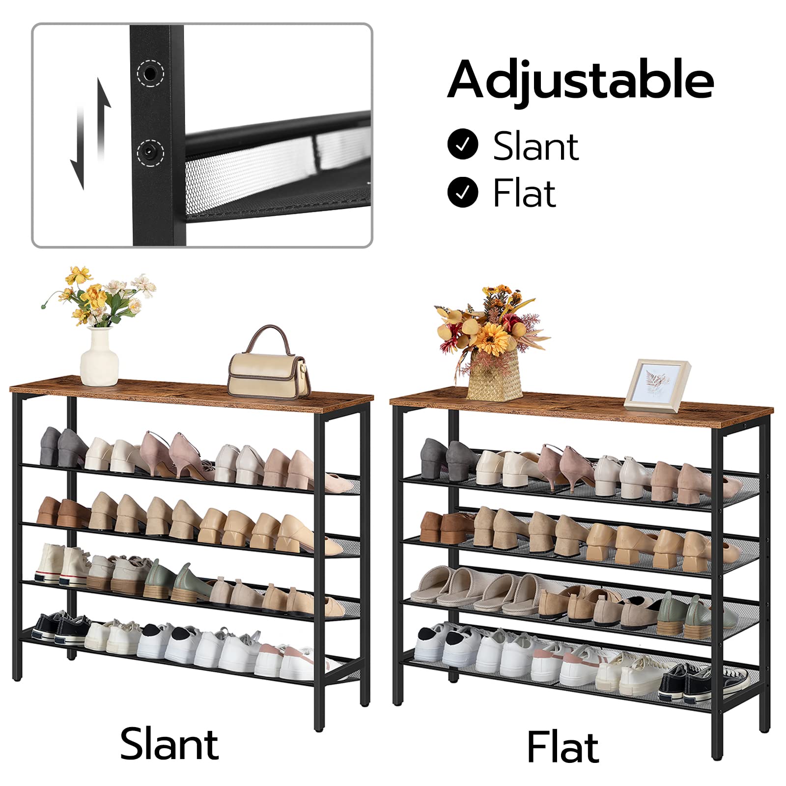 HOOBRO Shoe Rack, 5-Tier Shoe Organizer Shelf, 100 x 30 x 85 cm, with Flat or Slant Adjustable Shelf, Sturdy, Shoe Storage Organiser for Entryway,