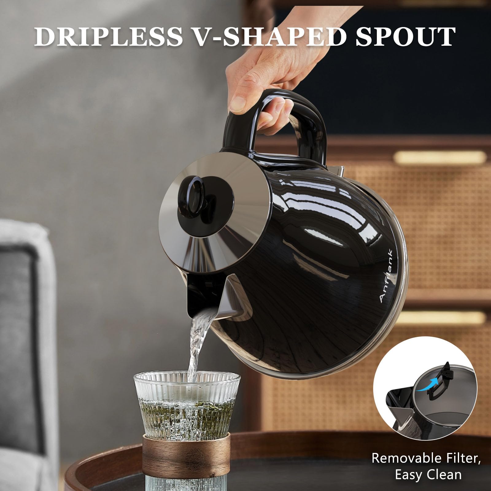 Anfilank Electric Kettles Fast Boil 3000W, 1.7L Stainless Steel Kettle, BPA Free, Auto Shut-Off and Boil-Dry Protection, Black