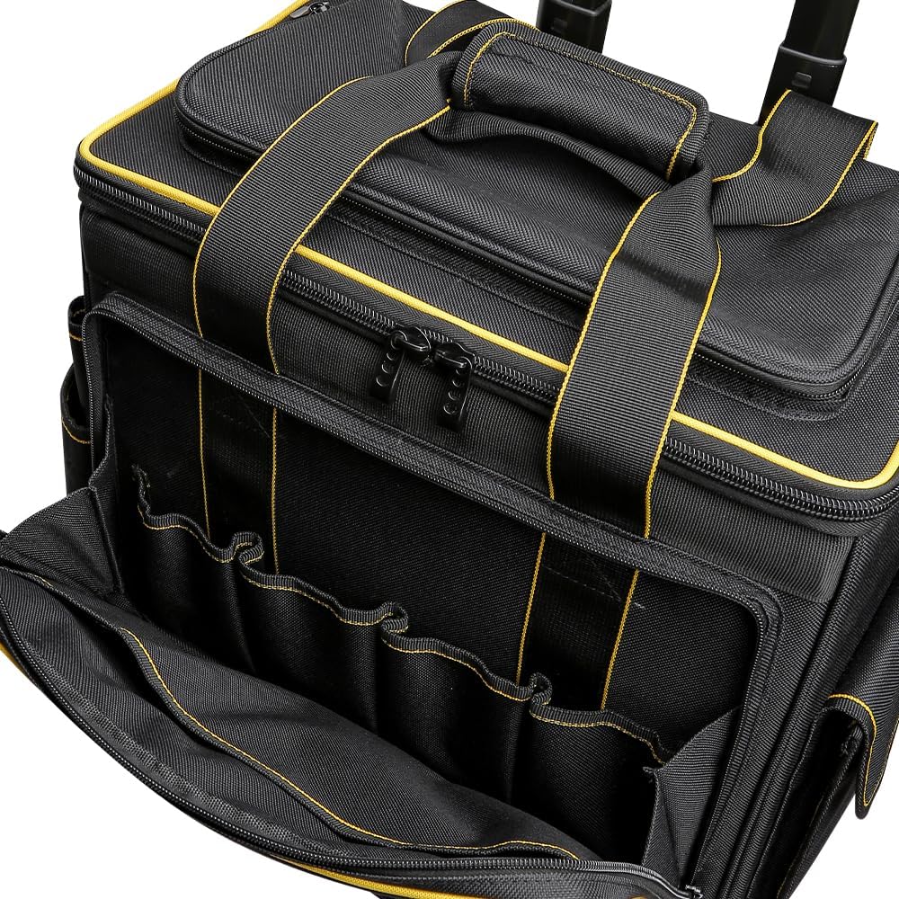 WINNHUNT 46cm Wide Mouth Rolling Tool Bag, 32 Pocket Tool Trolley Bag with Telescopic Handle and 2 Wheels, Black