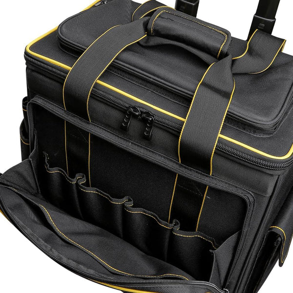 WINNHUNT 46cm Wide Mouth Rolling Tool Bag, 32 Pocket Tool Trolley Bag with Telescopic Handle and 2 Wheels, Black