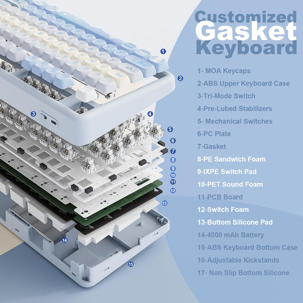 YUNZII B87 Wireless Mechanical Keyboard,QMK/VIA Software Custom Gaming,Gasket RGB Keyboard with Cute MOA Keycaps,Wrist Rest,BT5.0/2.4G/USB-C NKRO for Win/Mac (butter, milk v2 linear)