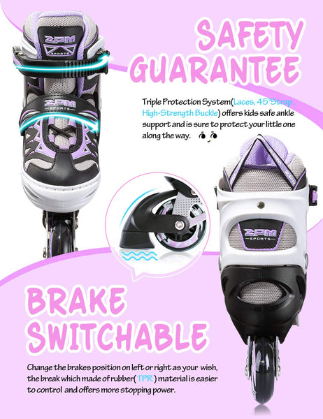 2pm Sports Adjustable Light up Inline Skates, Stylish Design Beginner Roller Skates for Boys and Girls - Purple Small