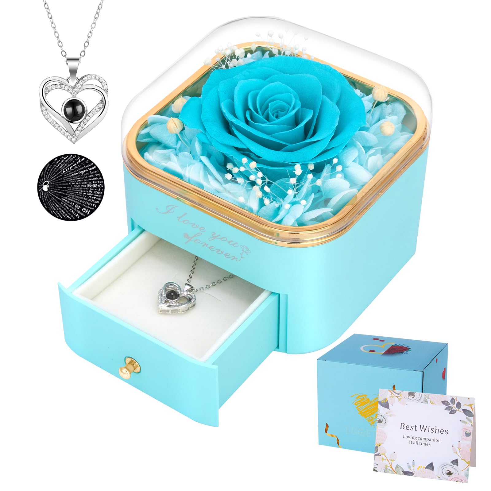 Firestyle Preserved Light Blue Real Rose with I Love You Necklace in 100 Languages Eternal Flowers Rose Gifts for Her Women Mum Wife Girlfriend on