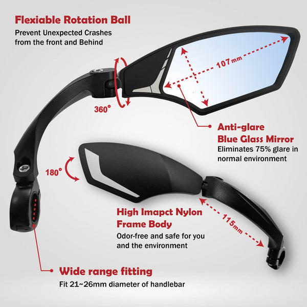 Hafny NEW Handlebar Bike Mirror, HD,Blast-resistant, E-bike Mirror, Glass Lens, HF-MR095 (Anti-glare Blue Right)