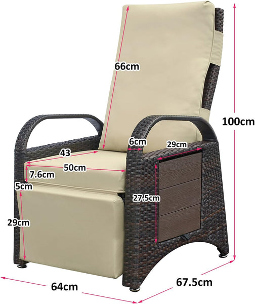 ATR ART TO REAL Rattan Garden Recliner Chairs,Sun Loungers for Outdoor Patio Furniture,2 Buckles Adjustable Backrest & Footrest Separately,All Weather Use Hand-woven Reclining Garden Chair,Khaki