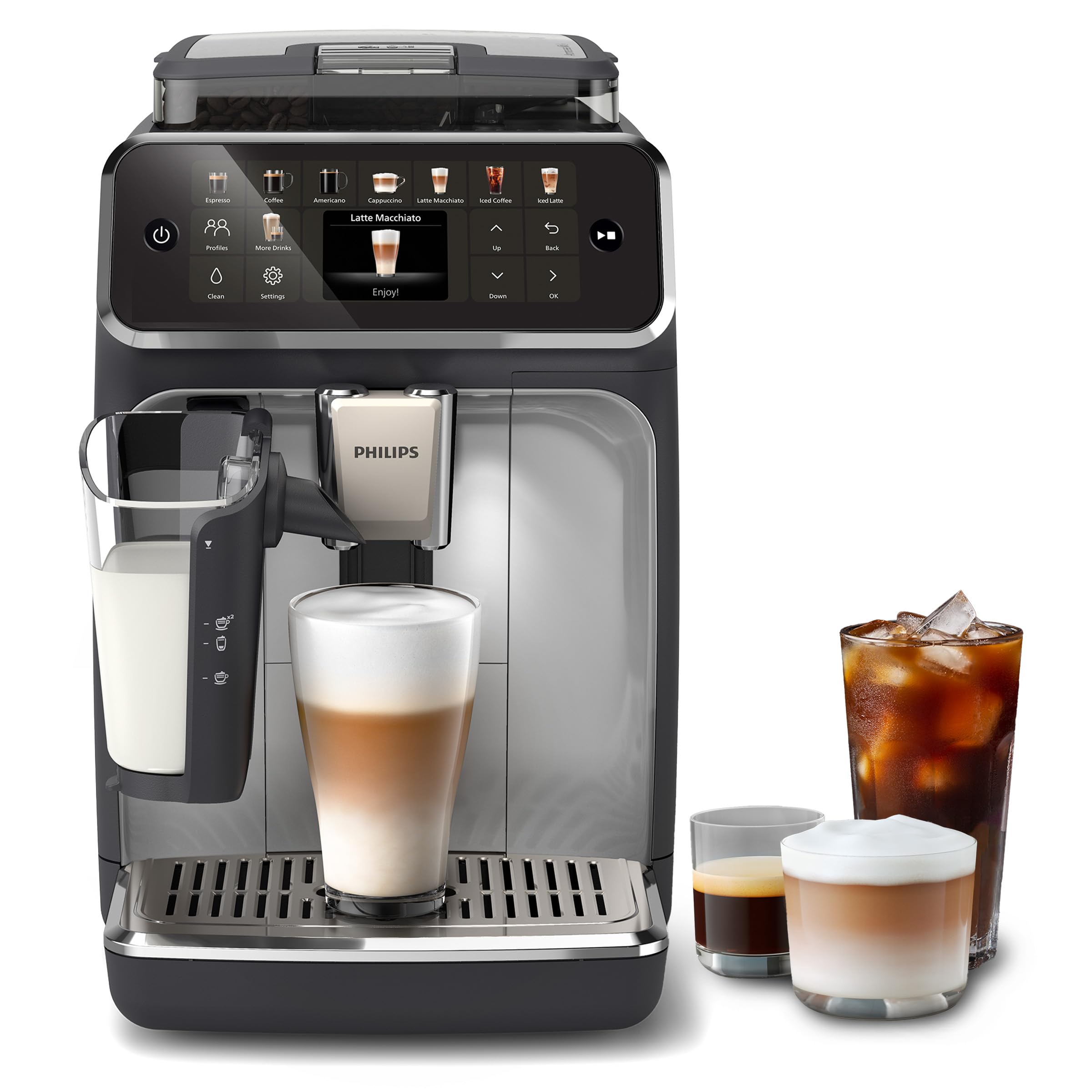 PHILIPS 5400 Series Bean to Cup Coffee Machine – 12 Coffee Varieties, LatteGo Milk Frother, Fastest-to-Clean, Ceramic Grinder, Fully Automatic Espresso & Cappuccino maker – Black, Silver (EP5446/70)