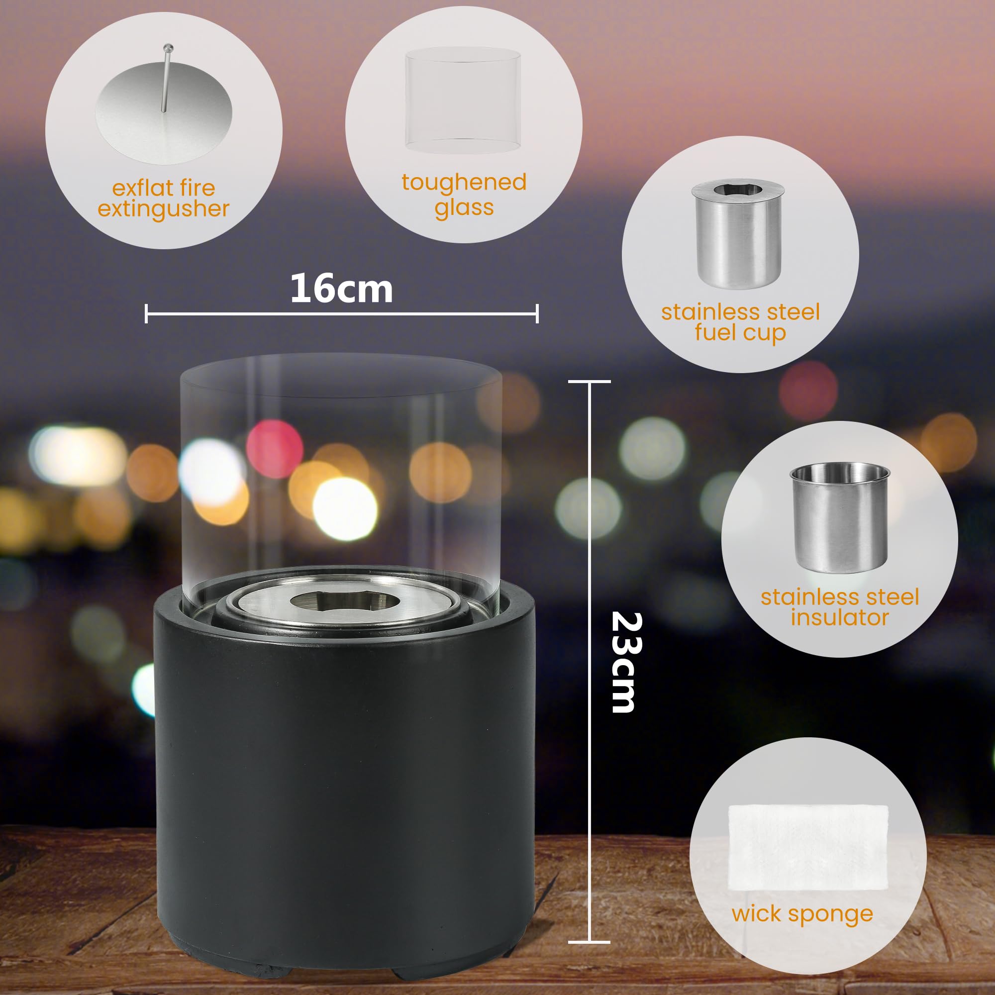 VOSSMOON Tabletop Fire Pit, Bioethanol Table Top Fire Bowl, Portable Round Fireplace indoor or Outdoor, Concrete Table Top Patio Heater Ethanol Burner with Tempered Glass for Potluck or Camping, Black