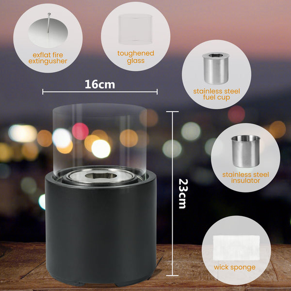 VOSSMOON Tabletop Fire Pit, Bioethanol Table Top Fire Bowl, Portable Round Fireplace indoor or Outdoor, Concrete Table Top Patio Heater Ethanol Burner with Tempered Glass for Potluck or Camping, Black