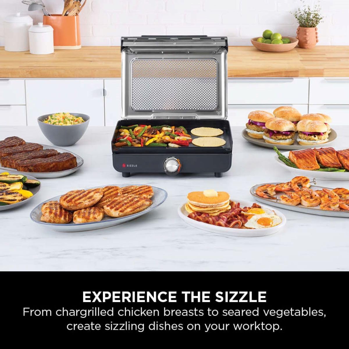 Ninja Sizzle Low Smoke Electric Indoor Grill & Flat Plate, 1460W, with Non-Stick Grill Plate & Flat Top Plate, Detachable Dishwasher Safe Lid, Grease Catch & Recipe Guide, Grey GR101UK
