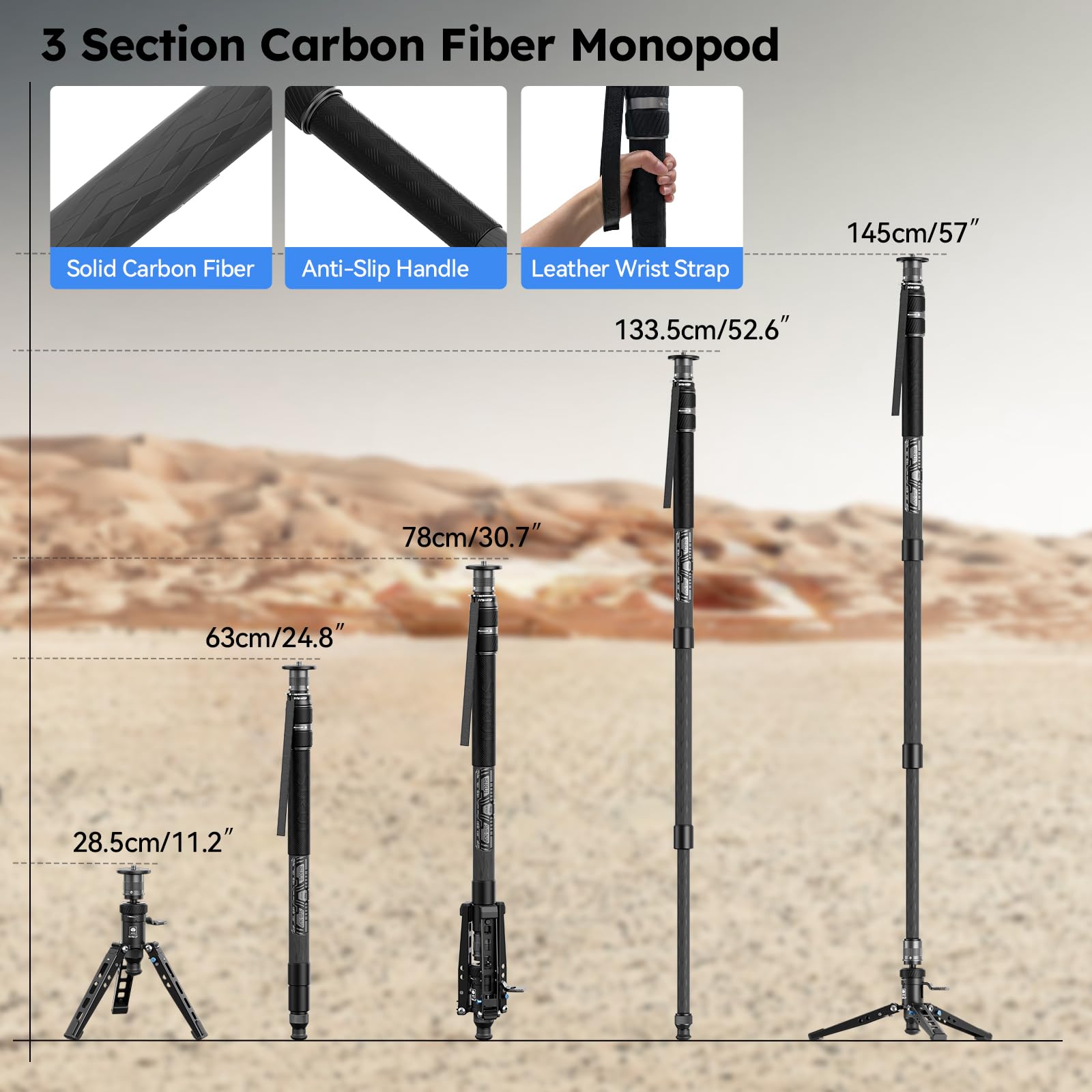 SIRUI SVM-145 Camera Monopod with Feet for Photography, 145cm Carbon Fibre Camera Monopod with Removable Tripod Stand Base, for DSLR, Camcorder, Max Load 10kg