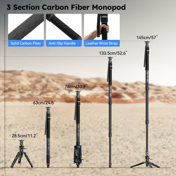 SIRUI SVM-145 Camera Monopod with Feet for Photography, 145cm Carbon Fibre Camera Monopod with Removable Tripod Stand Base, for DSLR, Camcorder, Max Load 10kg