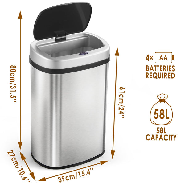 display4top Stainless Steel Automatic Touchless Kitchen Bathroom Sensor Bin,Trash Can,Touch Bin (58LRound)