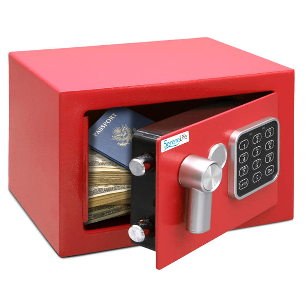 Pyle Home Safe Box Locker, Small Money Safe, Mini Fireproof Safes, Wall & Floor Steel Vault, Electronic Digital Keypad, 2 Keys, 23.1 × 17 × 17cm, Secure for Cash, Guns, Jewelry & More - Red