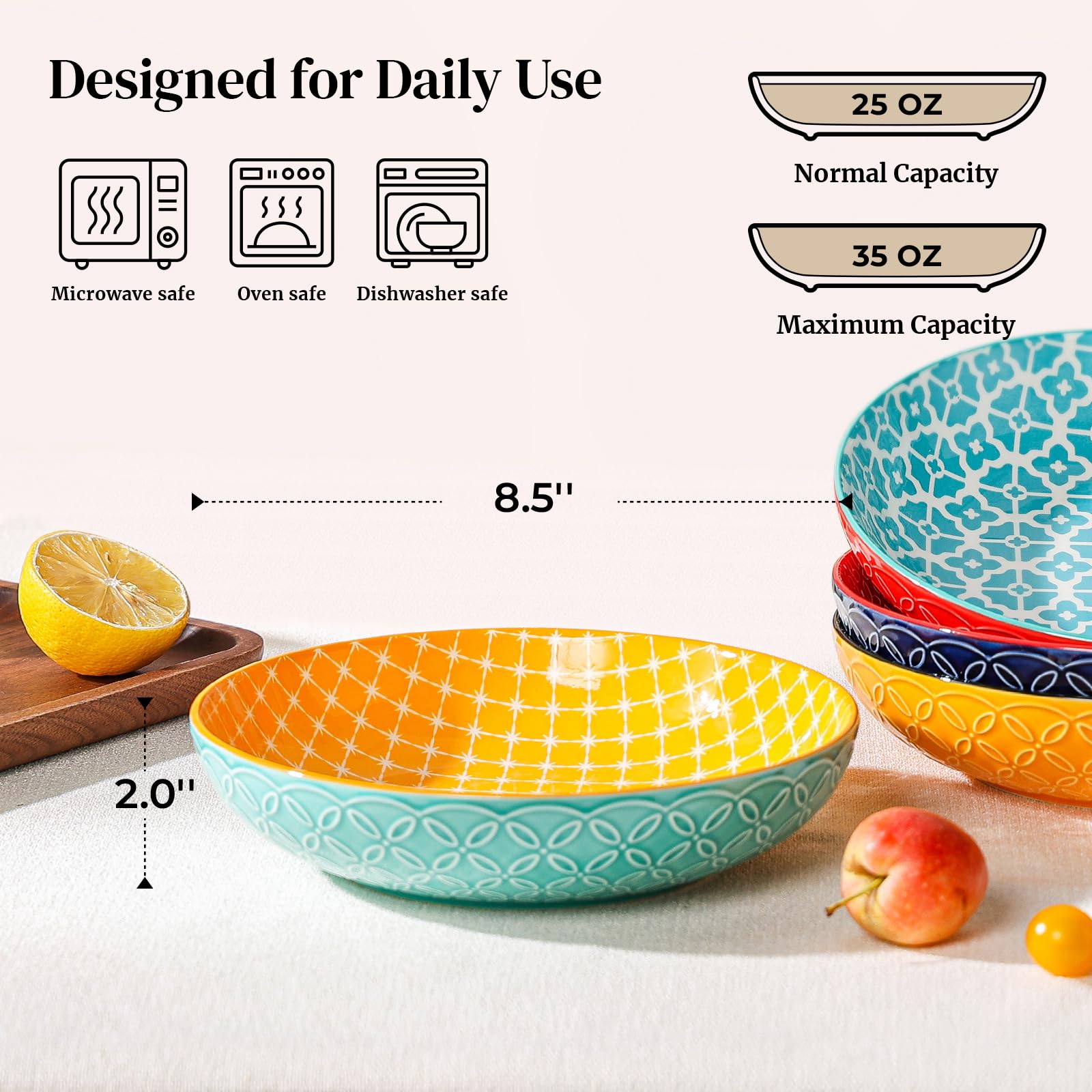 DOWAN Pasta Bowl Set of 4, Large Salad Bowls,  21.5 cm Porcelain Serving Plates, Soup Bowls, Wide and Shallow Ceramic Bowl for Kitchen, Pasta, Salad,