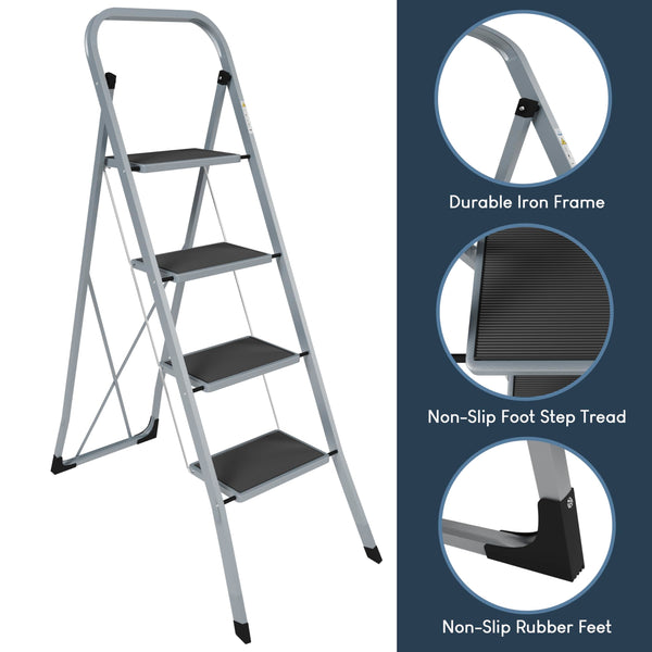 Home Vida 3 Step Ladder - Heavy Duty Steel Folding Ladder with Slip-Resistant and Wide Steps, Folding Mechanism, 150kg Max Load, Home/Kitchen/DIY/Garden Use, White