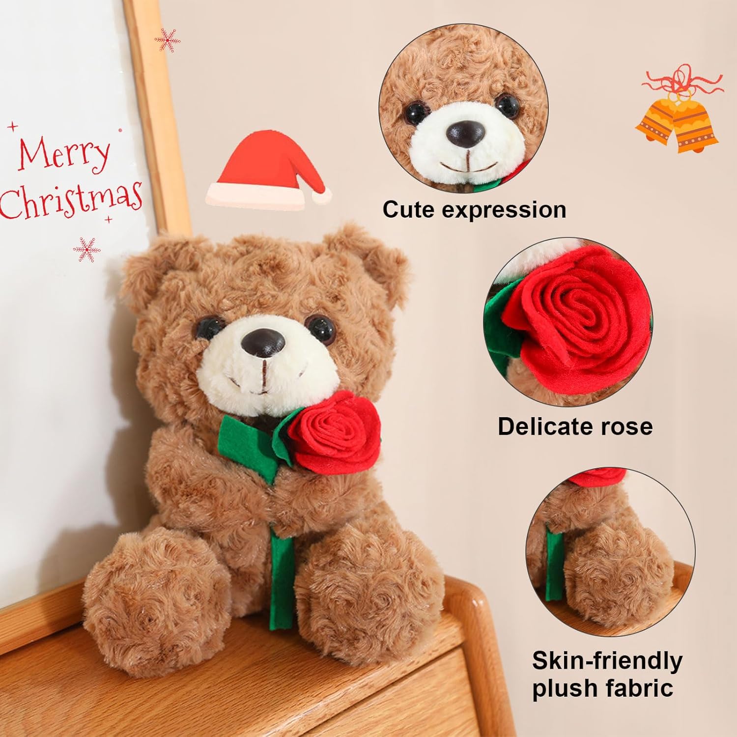 Christmas Teddy Bear Plush Toy, 25cm Cuddly Christmas Cute Soft Plush Toy With Rose,Christmas Stuffed Pillow Doll, Xmas Stuffed Animals Gifts for Kids Girlfriends Boyfrieds