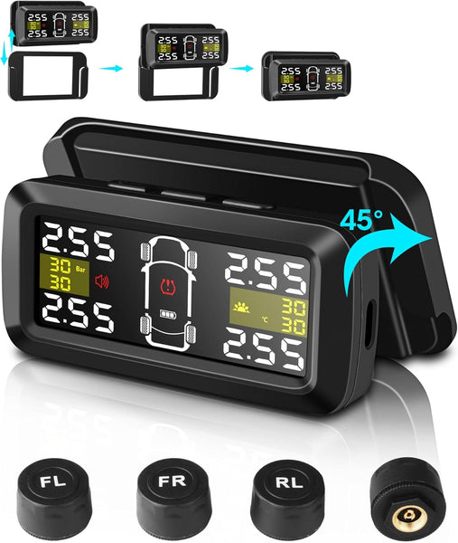 Jansite Upgraded TPMS Tyre Pressure Monitoring System Solar Wireless 4/2 Wheel Switch Modes Accuracy 0.01 Bar 21-87Psi Tyre Pressure Monitor 6 Alarm Mode with Detached Bracket and 4 External Sensors