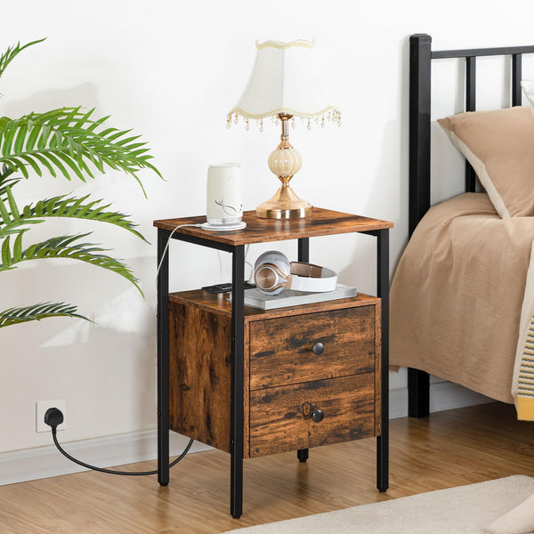 HOOBRO Bedside Table, Side Table with Charging Station, 2 USB Ports and 2 Sockets, End Table with 2 Drawers, Sofa Side Table, Nightstand for Living