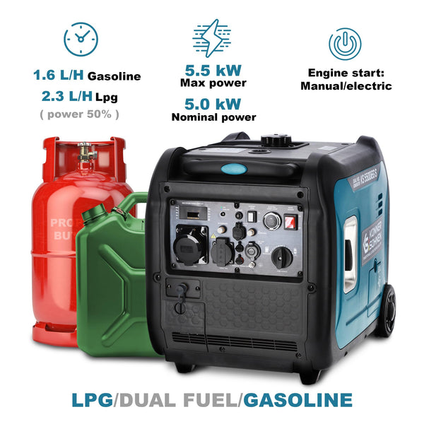 Könner & Söhnen KS 3100iG S portable LPG/petrol inverter generator 3100 W,UK Plug Socket 1x13 A (230 V), 2 USB ports,copper winding,silent inverter generator,dual fuel generator