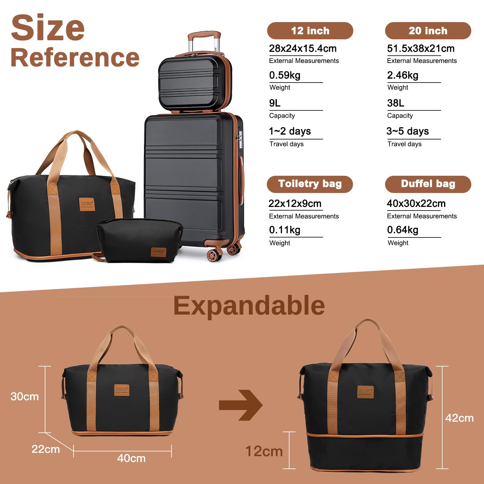 Kono Travel Luggage Sets of 6 Piece Lightweight ABS Hard Shell Trolley Case with TSA Combination Lock 20" 24" 28" Suitcase + 12" Beauty Case + Duffel Bag & Toiletry Bag (Cream White)